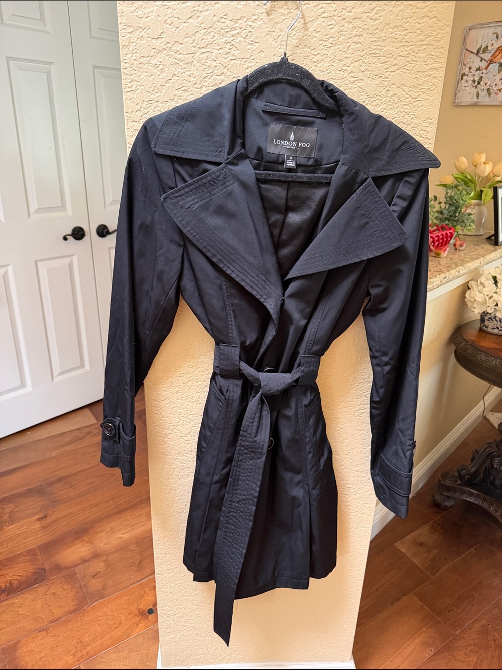 London Fog Black Slim Trench Coat with Self Tie Belt